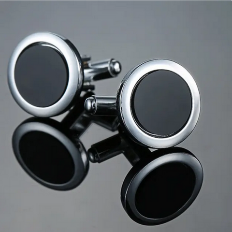 Solid Black Fill Circular Silver Cufflinks
