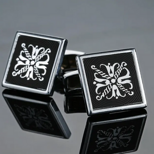 Black fill Square with Silver Damask detailed centre Cufflinks