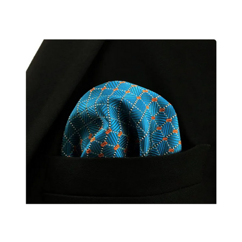 Light Yellow Dotted Lines with Orange Circular Accent on Turquoise Pocket Square