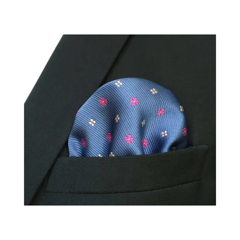 Magenta and Yellow Geometric Flora on Blue Pocket Square