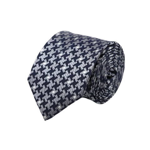 Silver and Dark Blue Textured Houndstooth Skinny Tie