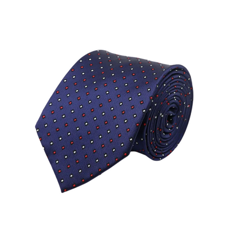 Yellow and Red Mini Polka Dots on Dark Blue Skinny Tie