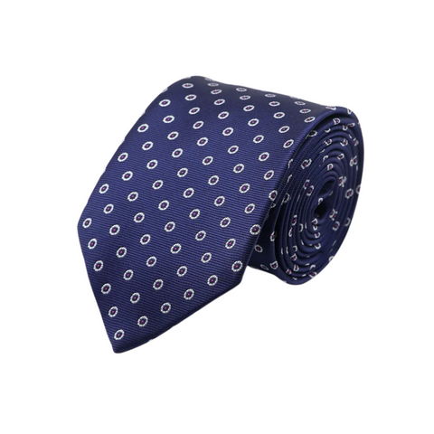 White with Red Fill Circles on Dark Blue Skinny Tie