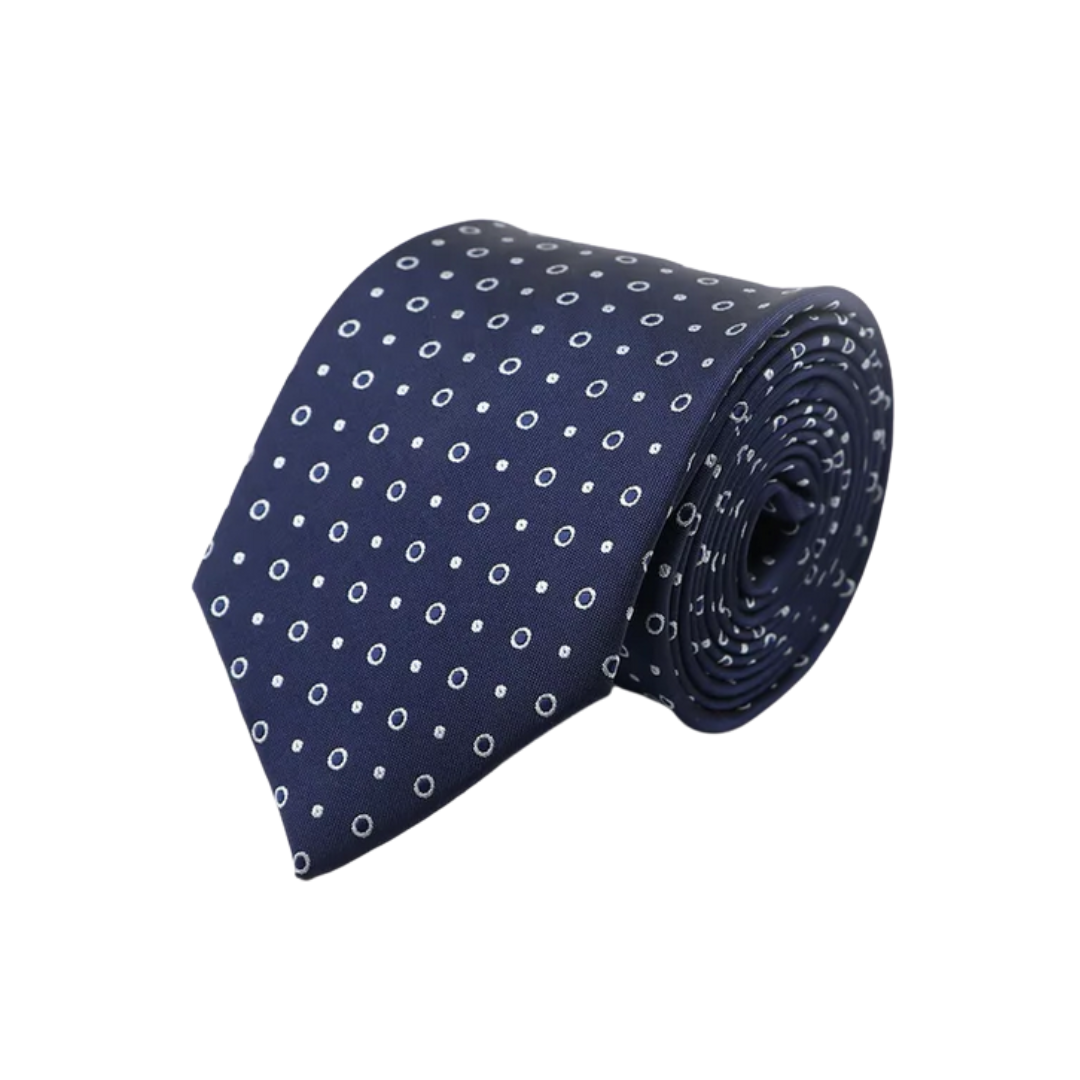 Mini White Fill and Outline Circles on Dark Blue Skinny Tie