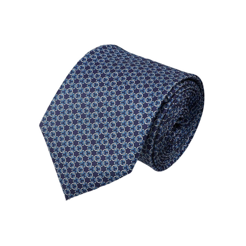 Circular Link Chain Patttern on Dark Blue Skinny Tie