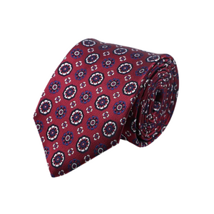 Blue and White Retro Geometric Floral Pattern on Red Skinny Tie