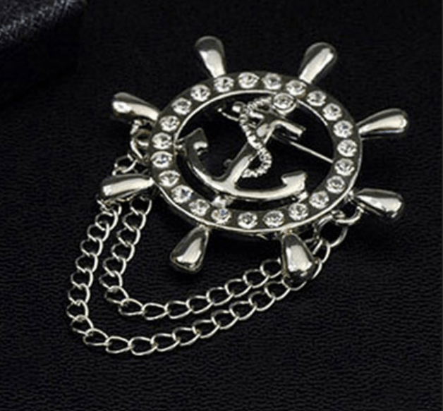 Anchor in Wheel Rhinestone Siver Lapel Pin Chain - AJ