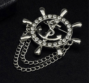 Anchor in Wheel Rhinestone Siver Lapel Pin Chain - AJ