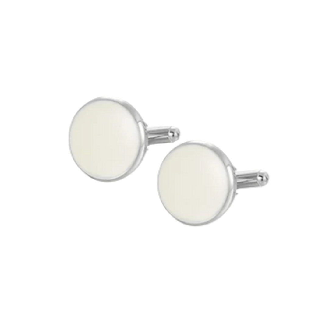 Classic Solid White Fill Round Silver Cufflinks - AJ