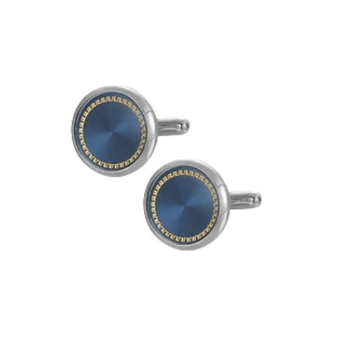 Gold Framed Blue Fill Round Silver Cufflinks - AJ