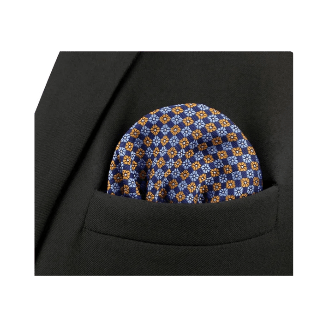 Light Blue and Burnt Orange Geometric Flowers on Dark Blue Pocket Square - AJ