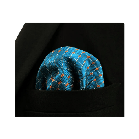 Light Yellow Dotted Lines with Orange Circular Accent on Turquoise Pocket Square - AJ