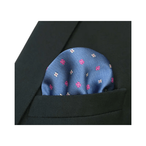 Magenta and Yellow Geometric Flora on Blue Pocket Square - AJ