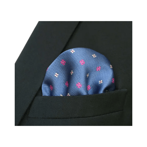 Magenta and Yellow Geometric Flora on Blue Pocket Square - AJ