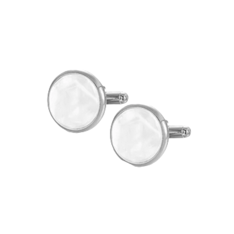 White Pearlescent Fill Round Silver Cufflinks - AJ