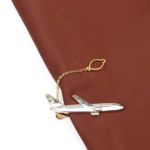 Gold Airplane Tie Clip With Chain