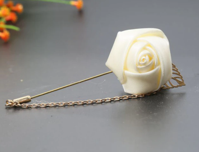 Cream Satin Rose Lapel Pin Chain