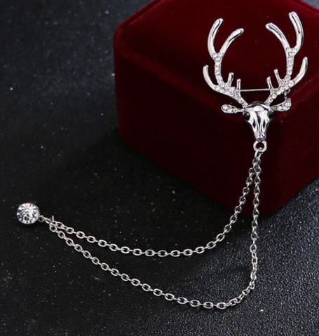 Deer Rhinestone Silver Lapel Pin Chain