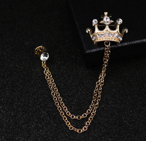 King's Crown Rhinestone Gold Lapel Pin Chain