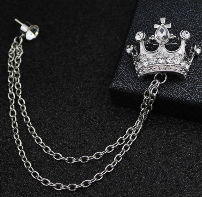 King's Crown Rhinestone Silver Lapel Pin Chain