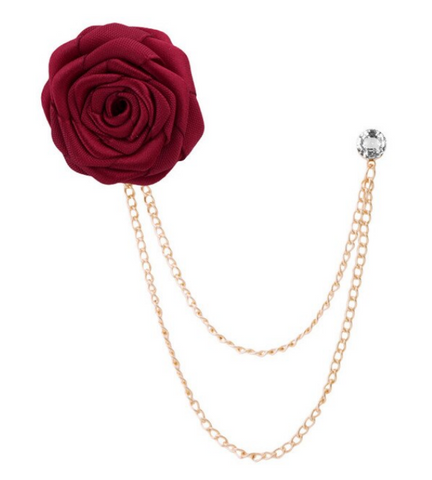 Dark Red Satin Rose & Rhinestone Lapel Pin Chain