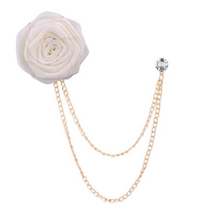 Off White/ Cream Satin Rose & Rhinestone Lapel Pin Chain