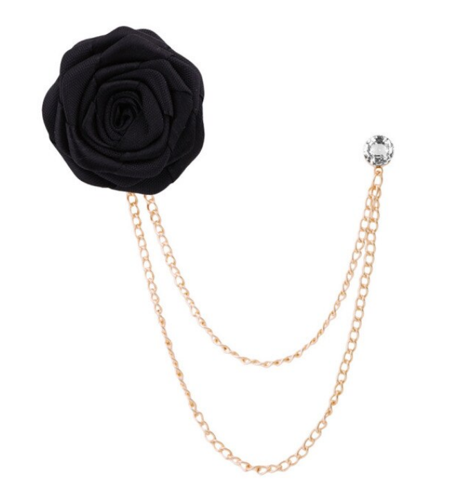 Black Satin Rose & Rhinestone Lapel Pin Chain