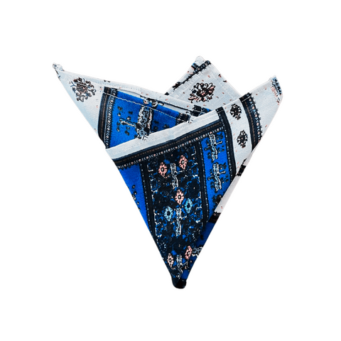 Vintage Printed Blue & White Pocket Square