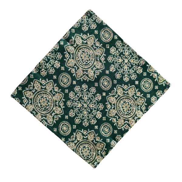 Vintage Block Print Floral Green & Gold Pocket Square