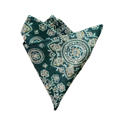 Vintage Block Print Floral Green & Gold Pocket Square