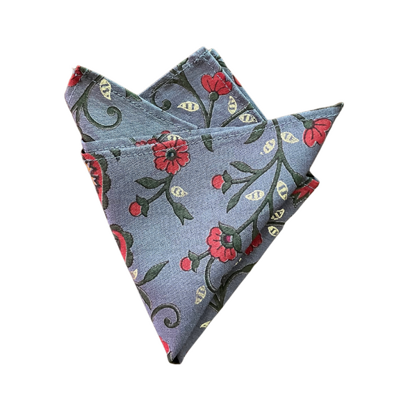 Vintage Block Printed Floral Green, Red & Gold on Grey Pocket Square