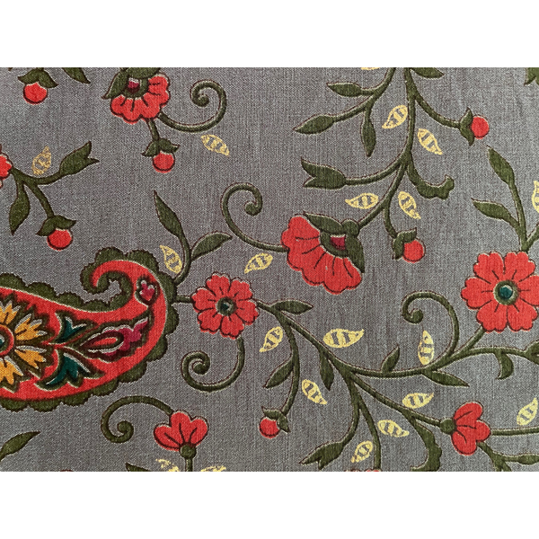 Vintage Block Printed Floral Green, Red & Gold on Grey Pocket Square