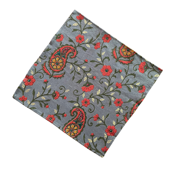 Vintage Block Printed Floral Green, Red & Gold on Grey Pocket Square