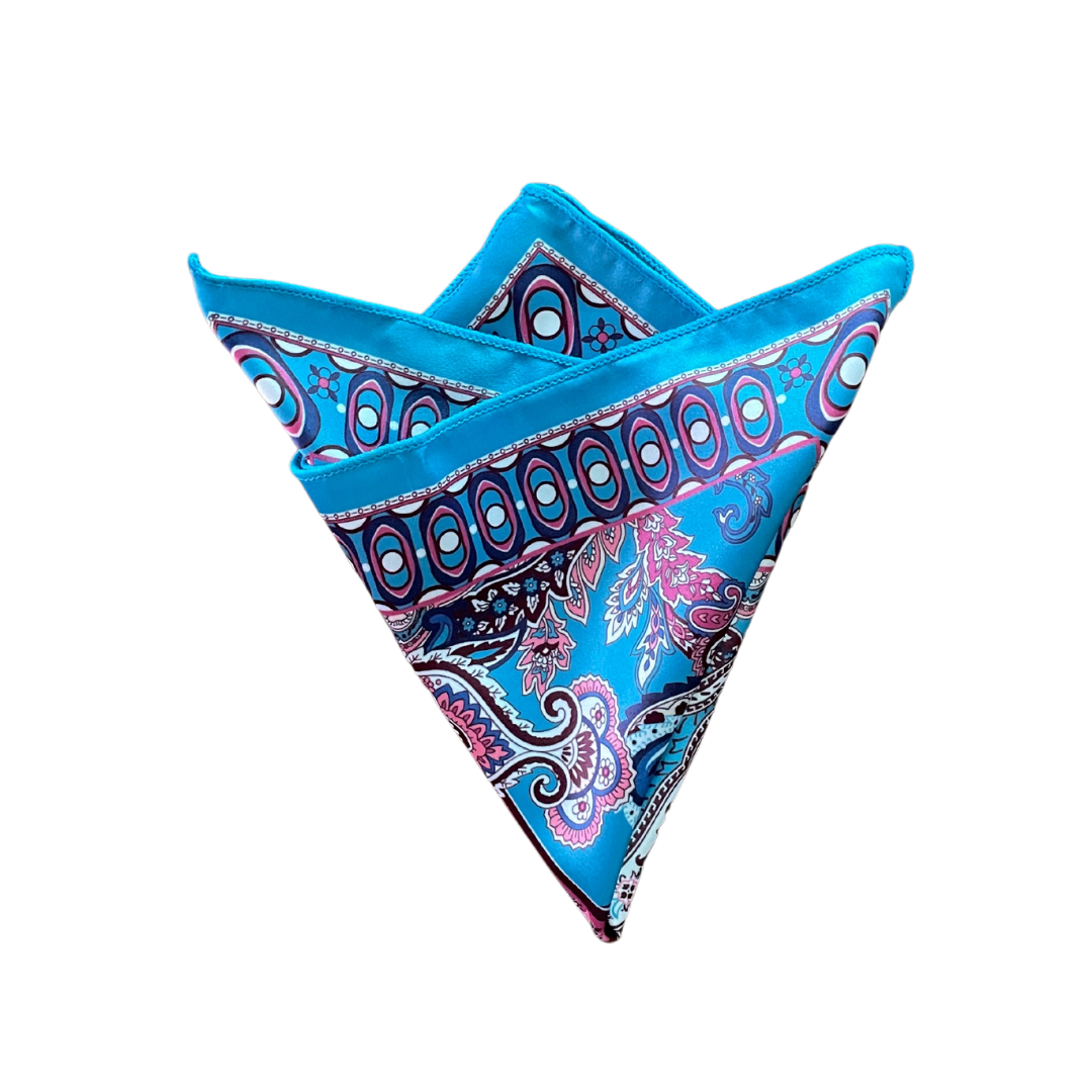 Turquoise blue & Pink Classic Paisley Pocket Square