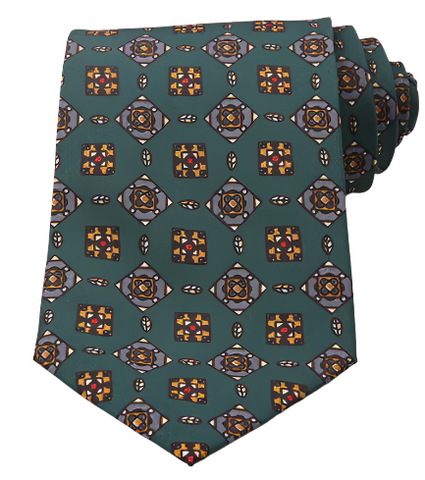 Classic Vintage Blue & Yellow Design on Green Regular Tie