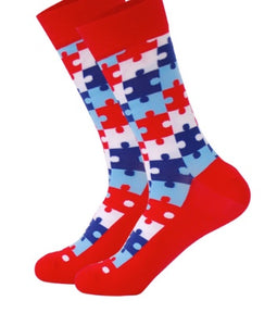 Shades of Blue, Red & White Puzzle Socks