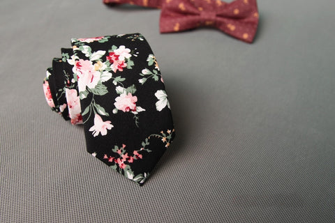 Black and Pink Floral Skinny Tie
