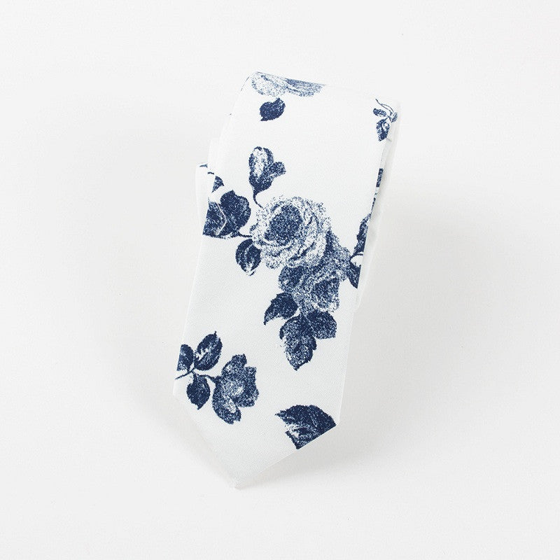 Vintage White & Blue Floral Skinny Tie
