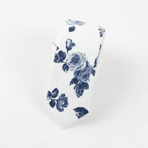 Vintage White & Blue Floral Skinny Tie