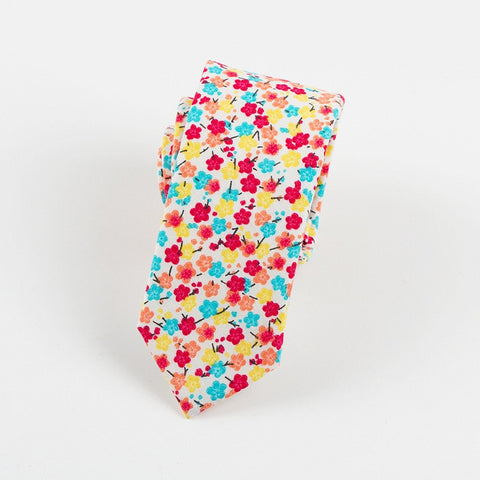 Turquoise, Crimson, Yellow & Orange Water Colored Floral Skinny Tie