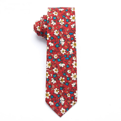 Hand drawn Floral Red Skinny Tie