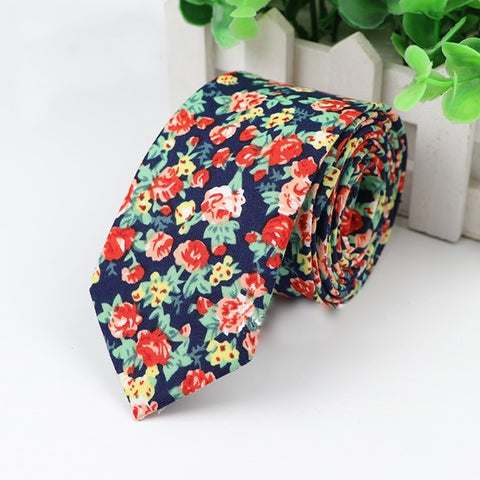Red & Orange tones floral Skinny tie (Dark Blue)