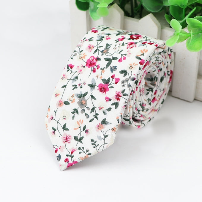 Pink Mini Abstract Flowers Floral Skinny Tie (White)