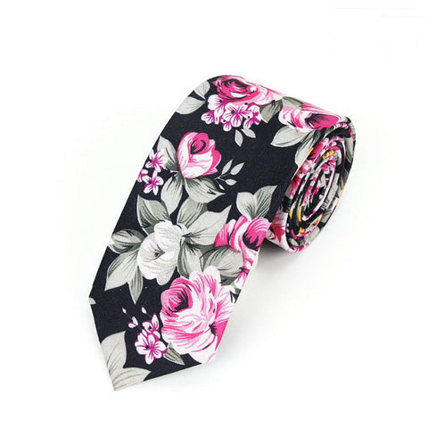 Light Pink Rose with Light Green leaves Floral Skinny Tie (Black)