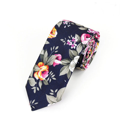 Light Pink Rose with Green leaves Floral Skinny Tie (Dark Blue)