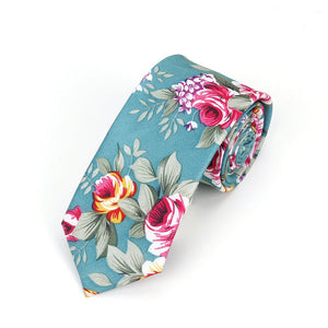 Pink Rose with Light green leaves Floral Skinny Tie (Light Teal)