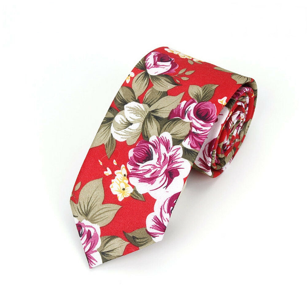 Pink Rose with green leaves Floral Red Skinny Tie