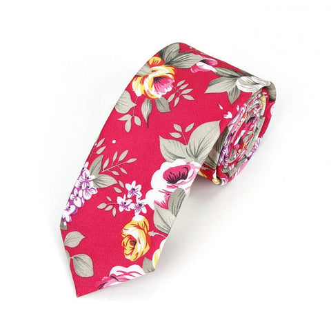 Pink Rose with green leaves Floral Magenta Skinny Tie