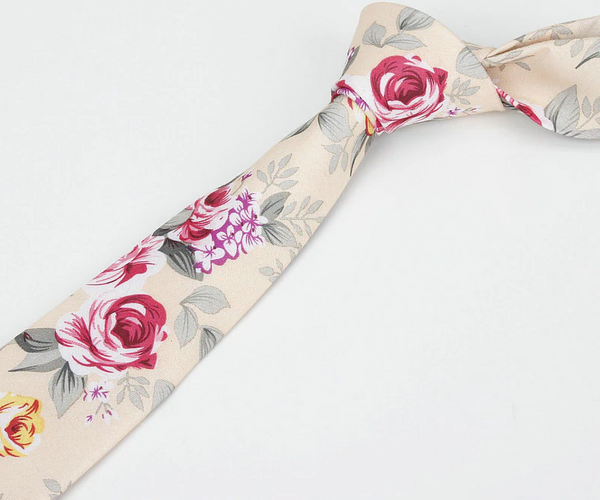 Pink Rose with green leaves Light Pastel Pink Floral Skinny Tie