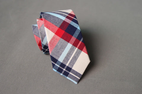 Madras Plaid Skinny Tie (Blue, Red & Off White)